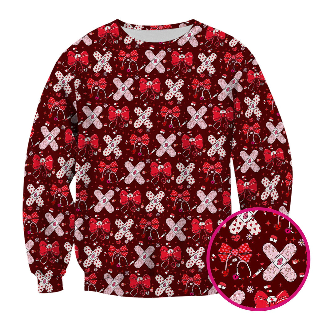 Valentine Nurse Scrub Top, Red Bow And Heart Bandage Pattern Medical Shirt, Breathable Fabrics Nursing Uniform
