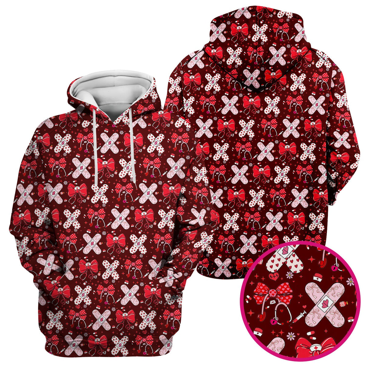 Valentine Nurse Scrub Top, Red Bow And Heart Bandage Pattern Medical Shirt, Breathable Fabrics Nursing Uniform
