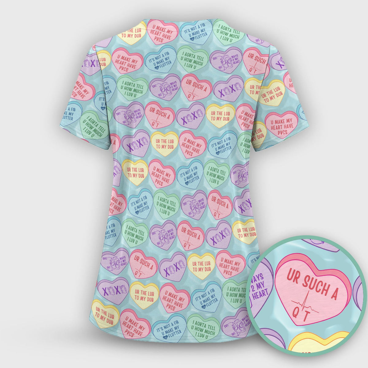 Medical Candy Heart Valentine Pattern Scrub Top, Fun Medical Pattern, Comfortable Scrubs for Nurses