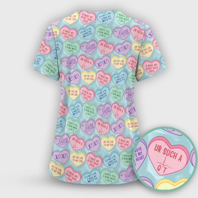 Medical Candy Heart Valentine Pattern Scrub Top, Fun Medical Pattern, Comfortable Scrubs for Nurses