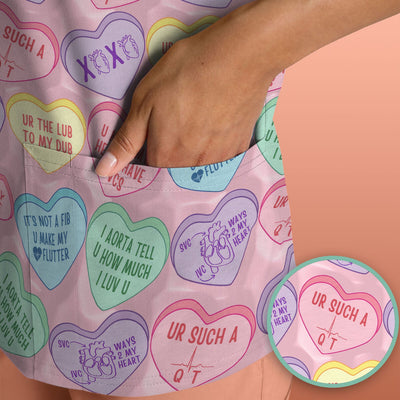 Medical Candy Heart Valentine Pattern Scrub Top, Fun Medical Pattern, Comfortable Scrubs for Nurses