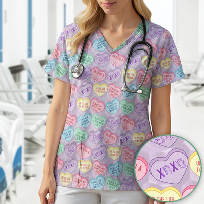 Medical Candy Heart Valentine Pattern Scrub Top, Fun Medical Pattern, Comfortable Scrubs for Nurses