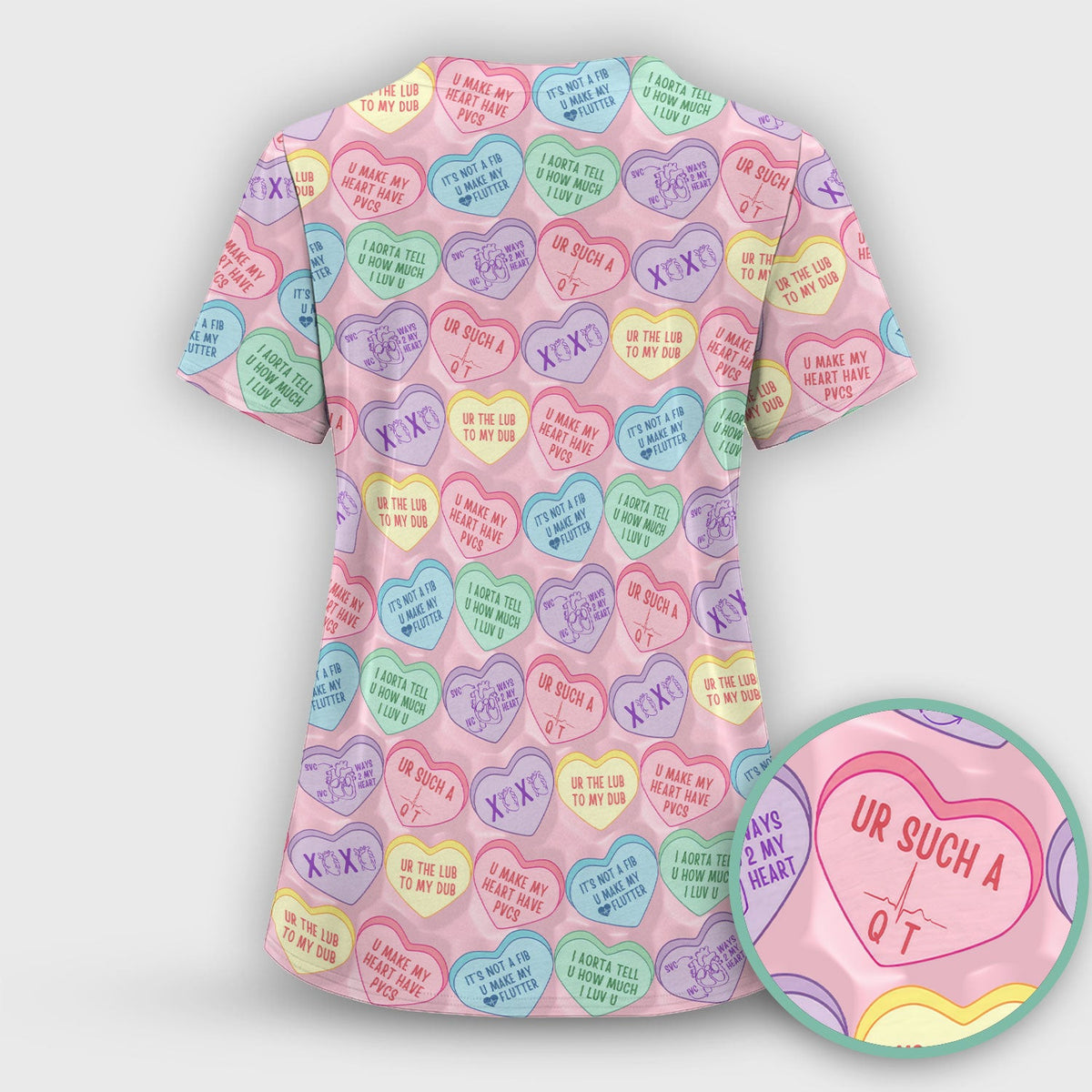Medical Candy Heart Valentine Pattern Scrub Top, Fun Medical Pattern, Comfortable Scrubs for Nurses