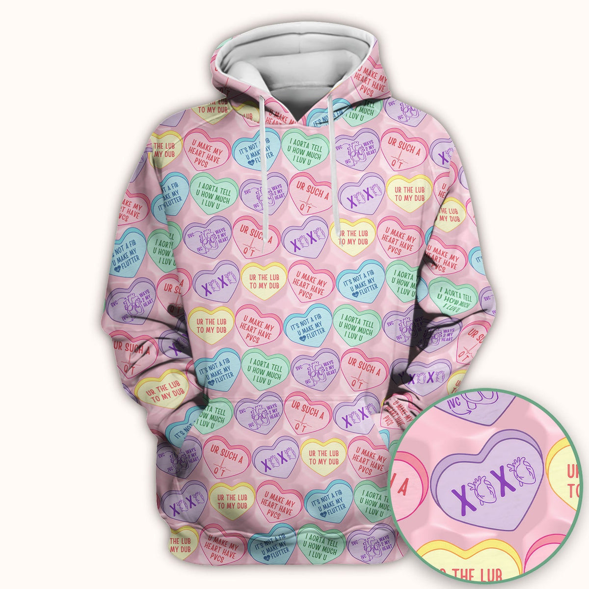 Medical Candy Heart Valentine Pattern Scrub Top, Fun Medical Pattern, Comfortable Scrubs for Nurses