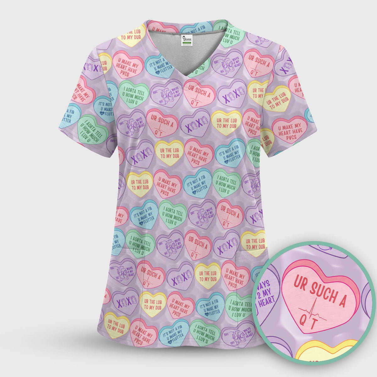 Medical Candy Heart Valentine Pattern Scrub Top, Fun Medical Pattern, Comfortable Scrubs for Nurses