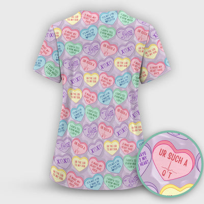 Medical Candy Heart Valentine Pattern Scrub Top, Fun Medical Pattern, Comfortable Scrubs for Nurses