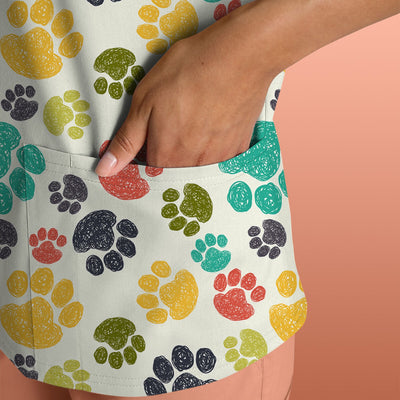 Colorful Paw Print Animal Pattern Scrub Top, Comfortable Scrubs for Nurses