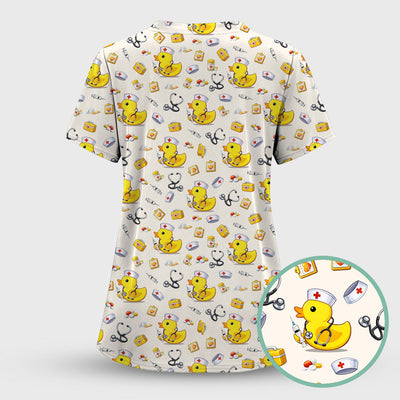 Playful Medical Duck Print Nurse Scrub Top, Comfortable Scrubs for Nurses