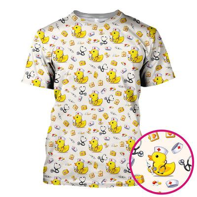 Playful Medical Duck Print Nurse Scrub Top, Comfortable Scrubs for Nurses