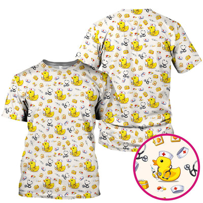 Playful Medical Duck Print Nurse Scrub Top, Comfortable Scrubs for Nurses