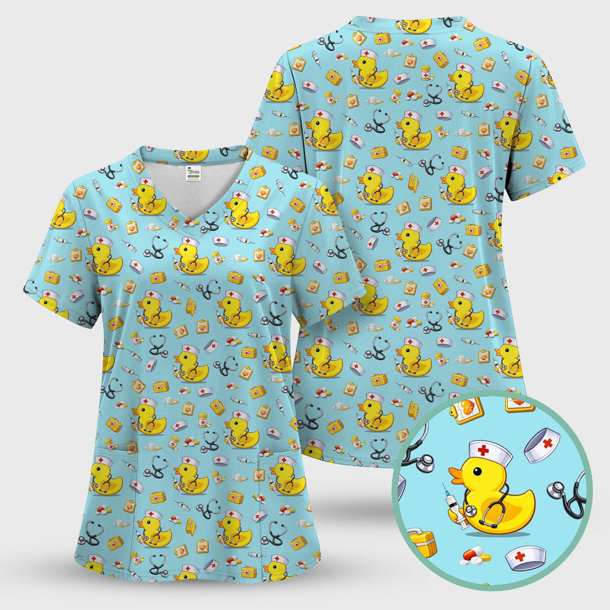 Playful Medical Duck Print Nurse Scrub Top, Comfortable Scrubs for Nurses