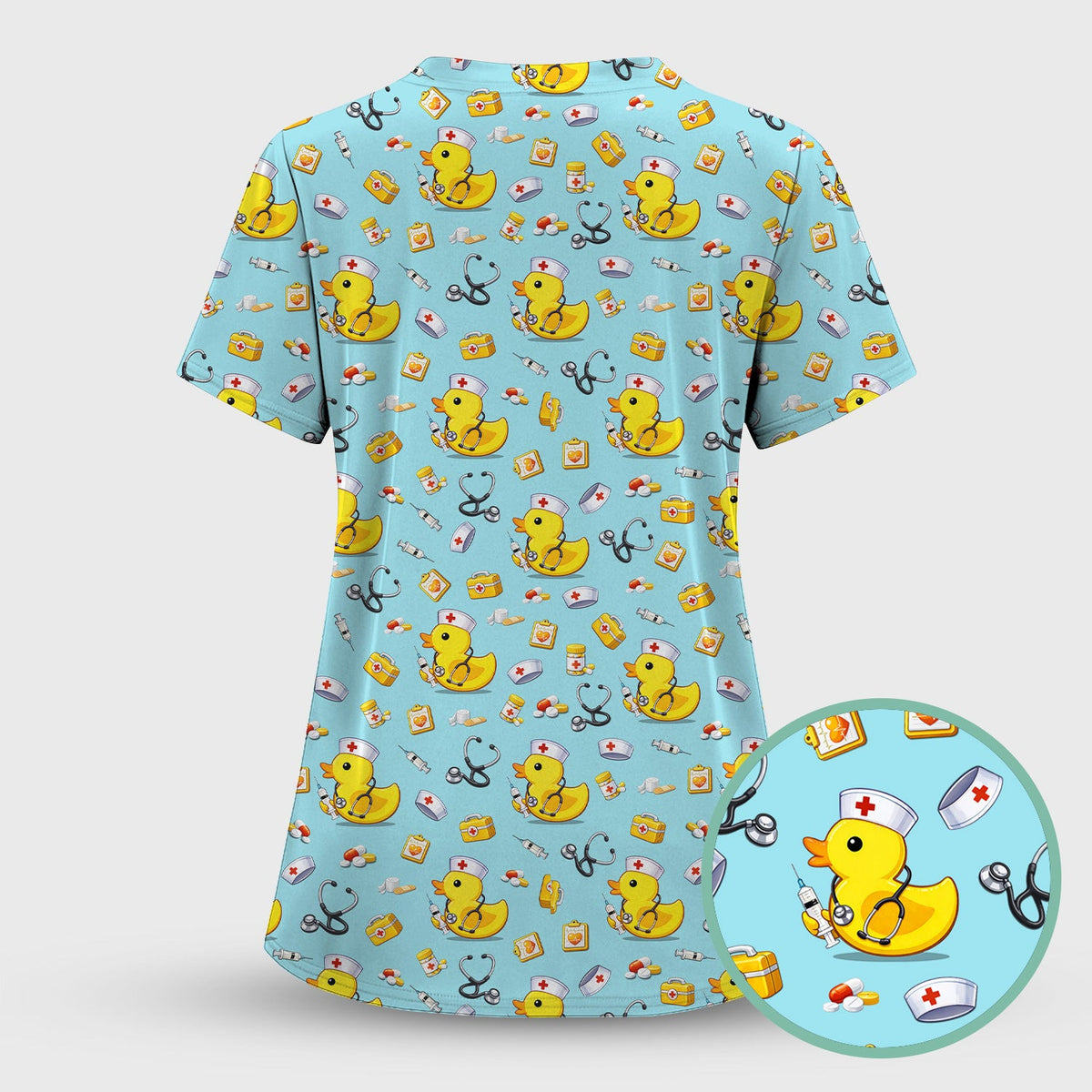 Playful Medical Duck Print Nurse Scrub Top, Comfortable Scrubs for Nurses