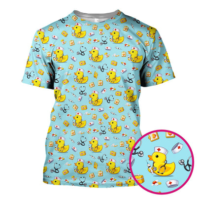 Playful Medical Duck Print Nurse Scrub Top, Comfortable Scrubs for Nurses