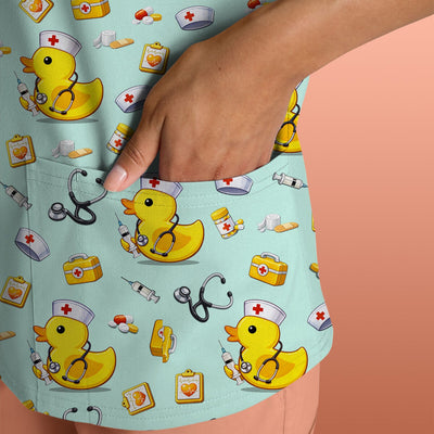 Playful Medical Duck Print Nurse Scrub Top, Comfortable Scrubs for Nurses
