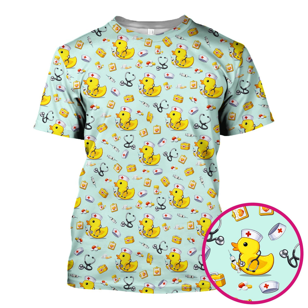 Playful Medical Duck Print Nurse Scrub Top, Comfortable Scrubs for Nurses