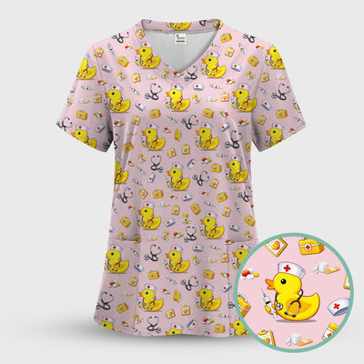 Playful Medical Duck Print Nurse Scrub Top, Comfortable Scrubs for Nurses