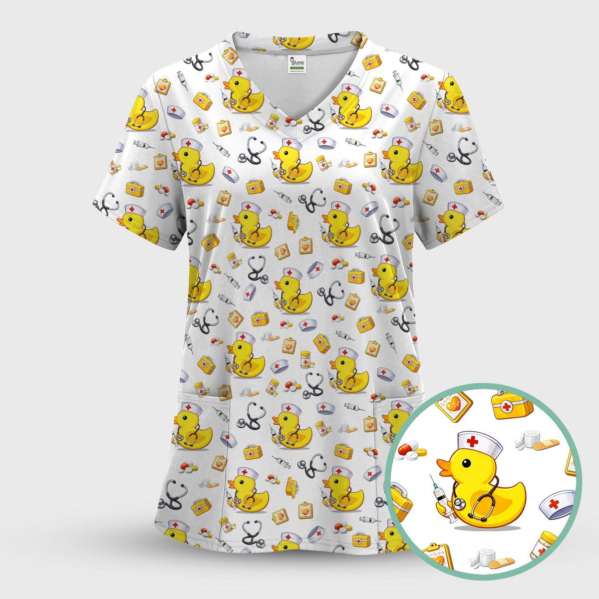 Playful Medical Duck Print Nurse Scrub Top, Comfortable Scrubs for Nurses