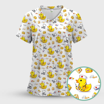 Playful Medical Duck Print Nurse Scrub Top, Comfortable Scrubs for Nurses