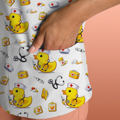Playful Medical Duck Print Nurse Scrub Top, Comfortable Scrubs for Nurses
