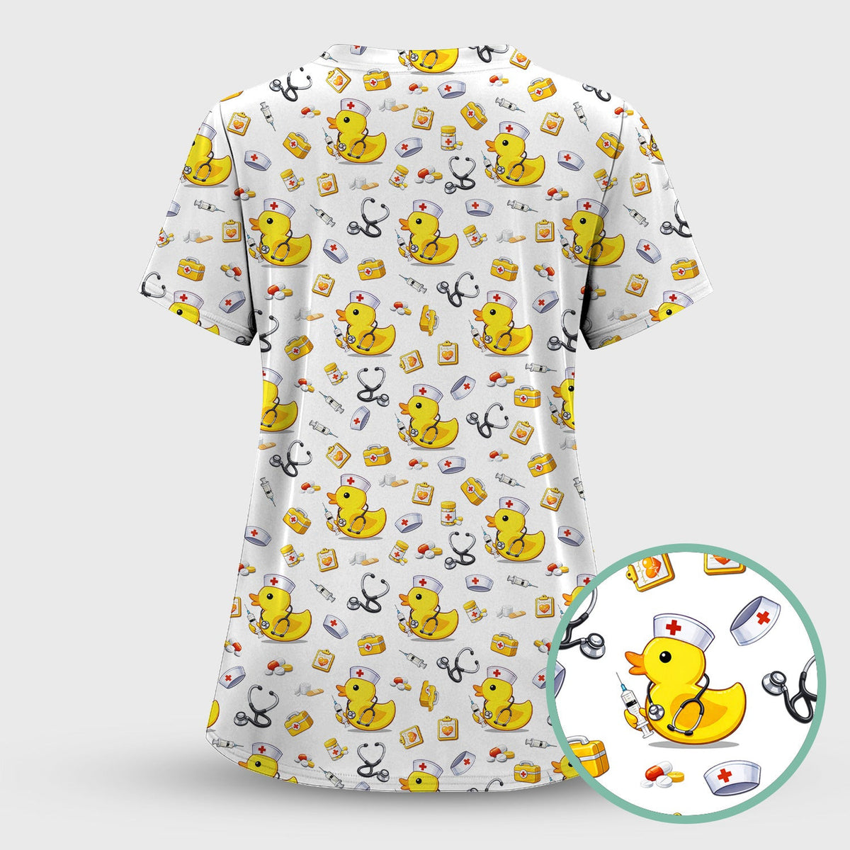 Playful Medical Duck Print Nurse Scrub Top, Comfortable Scrubs for Nurses