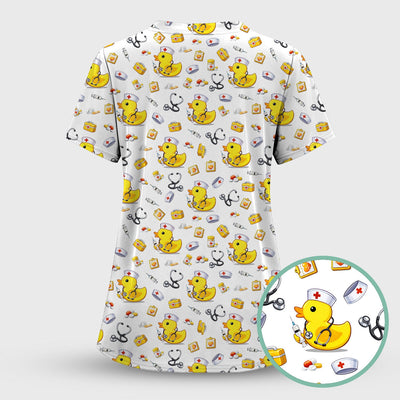 Playful Medical Duck Print Nurse Scrub Top, Comfortable Scrubs for Nurses