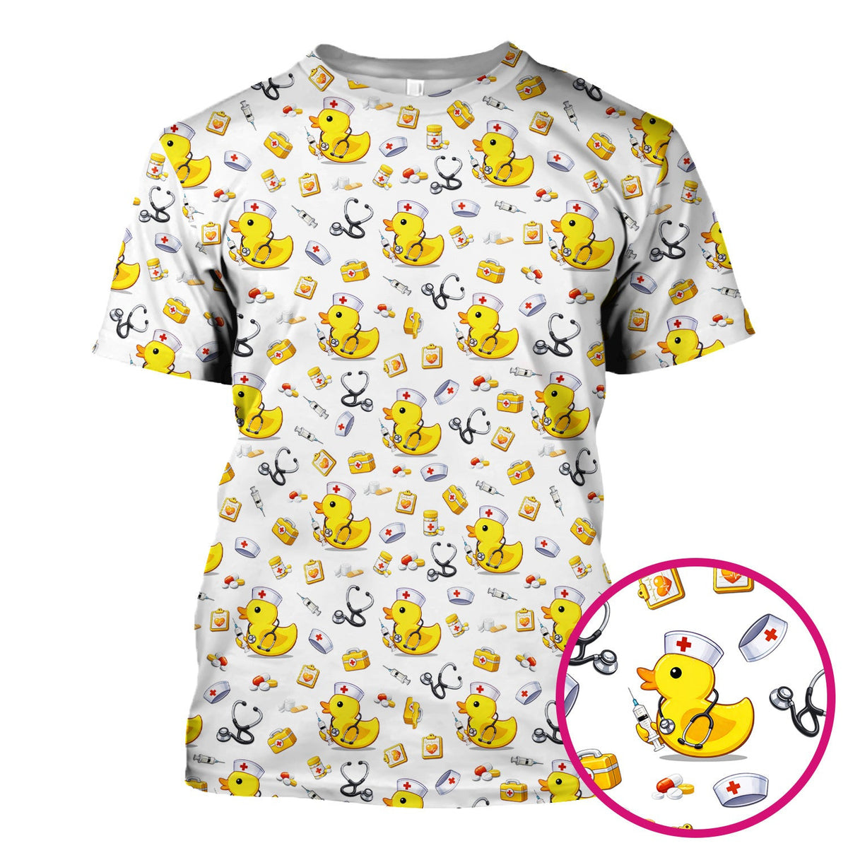 Playful Medical Duck Print Nurse Scrub Top, Comfortable Scrubs for Nurses