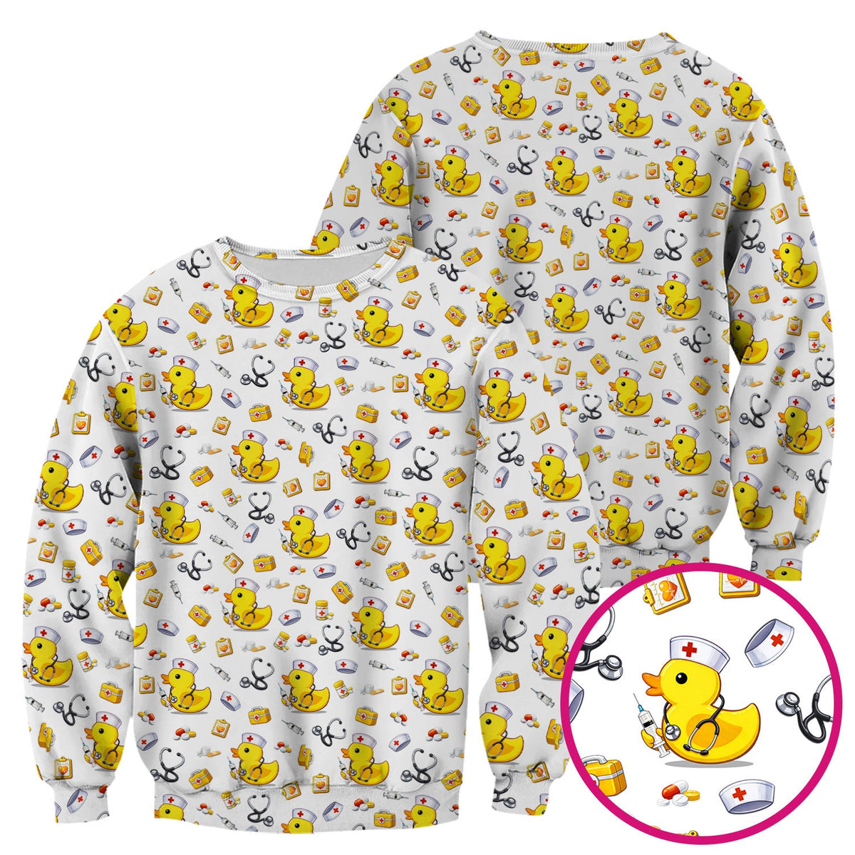 Playful Medical Duck Print Nurse Scrub Top, Comfortable Scrubs for Nurses