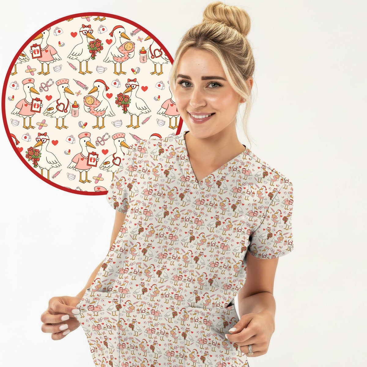 Cute Goose Nurse Valentine Pattern Scrub Top, Breathable Fabrics Nursing Uniform