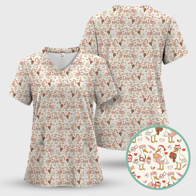 Cute Goose Nurse Valentine Pattern Scrub Top, Breathable Fabrics Nursing Uniform