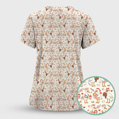 Cute Goose Nurse Valentine Pattern Scrub Top, Breathable Fabrics Nursing Uniform