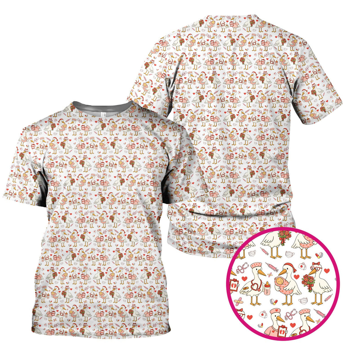 Cute Goose Nurse Valentine Pattern Scrub Top, Breathable Fabrics Nursing Uniform