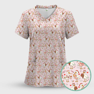 Cute Goose Nurse Valentine Pattern Scrub Top, Breathable Fabrics Nursing Uniform