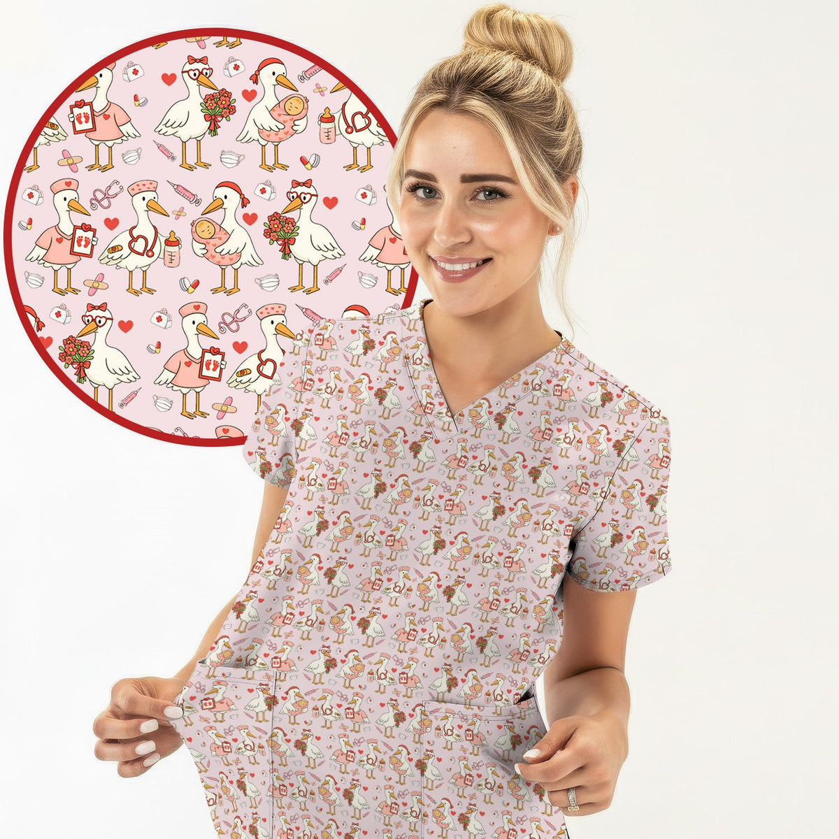 Cute Goose Nurse Valentine Pattern Scrub Top, Breathable Fabrics Nursing Uniform