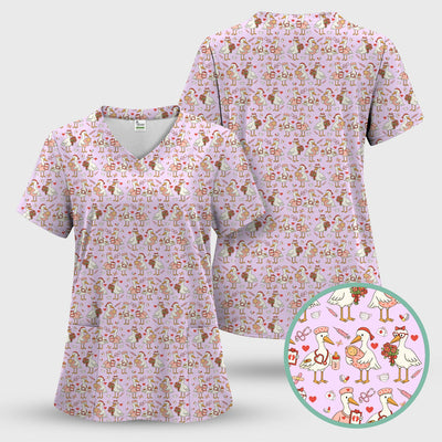 Cute Goose Nurse Valentine Pattern Scrub Top, Breathable Fabrics Nursing Uniform