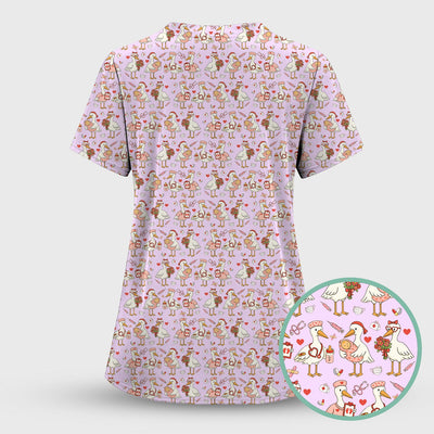 Cute Goose Nurse Valentine Pattern Scrub Top, Breathable Fabrics Nursing Uniform