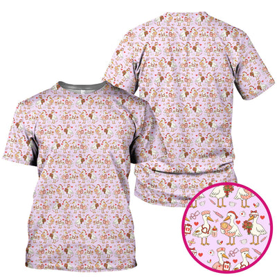 Cute Goose Nurse Valentine Pattern Scrub Top, Breathable Fabrics Nursing Uniform
