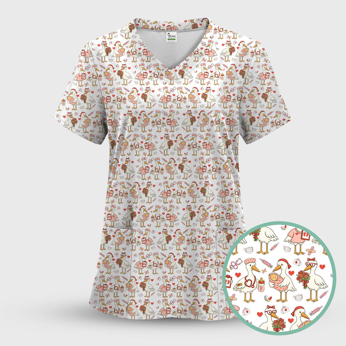 Cute Goose Nurse Valentine Pattern Scrub Top, Breathable Fabrics Nursing Uniform