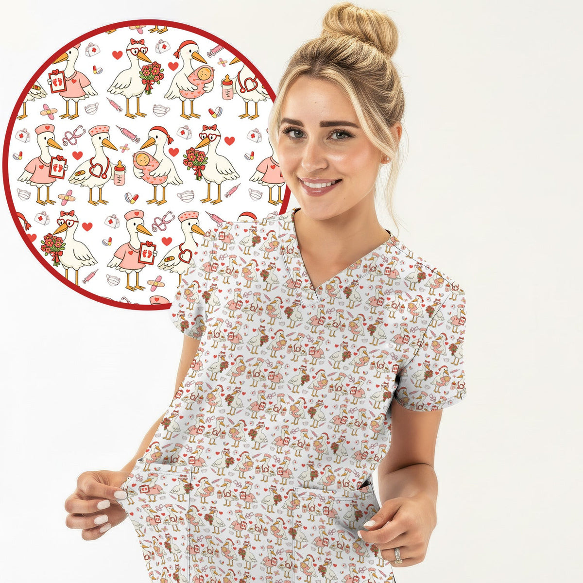 Cute Goose Nurse Valentine Pattern Scrub Top, Breathable Fabrics Nursing Uniform