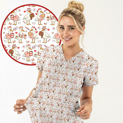 Cute Goose Nurse Valentine Pattern Scrub Top, Breathable Fabrics Nursing Uniform