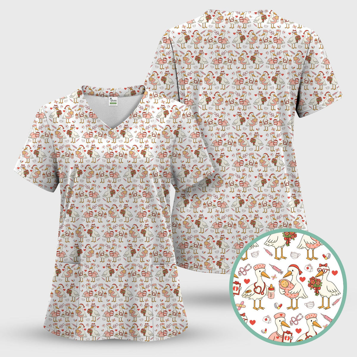 Cute Goose Nurse Valentine Pattern Scrub Top, Breathable Fabrics Nursing Uniform