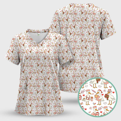 Cute Goose Nurse Valentine Pattern Scrub Top, Breathable Fabrics Nursing Uniform