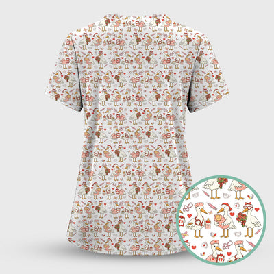 Cute Goose Nurse Valentine Pattern Scrub Top, Breathable Fabrics Nursing Uniform