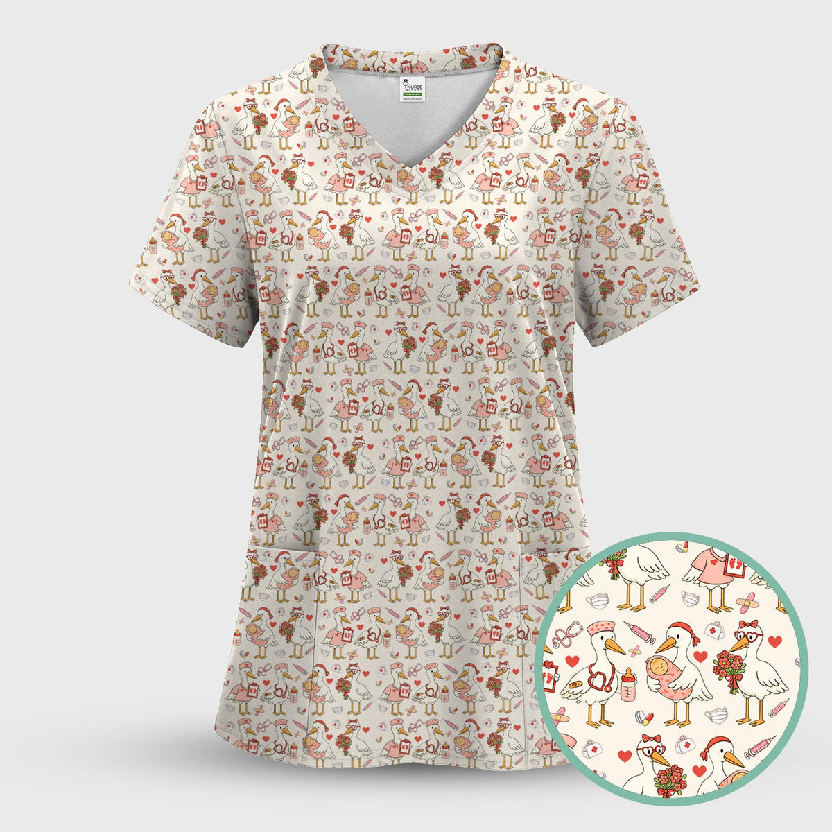 Cute Goose Nurse Valentine Pattern Scrub Top, Breathable Fabrics Nursing Uniform
