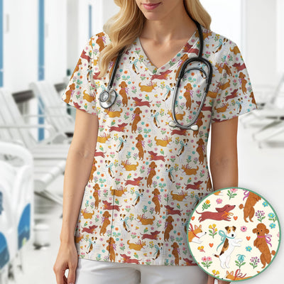 Cute Cartoon Dog Print Nurse Scrub Top, Comfortable Scrubs for Nurses