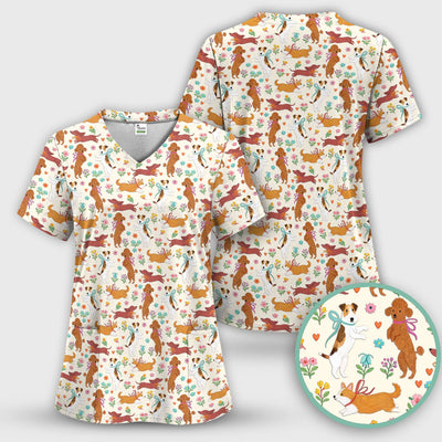 Cute Cartoon Dog Print Nurse Scrub Top, Comfortable Scrubs for Nurses
