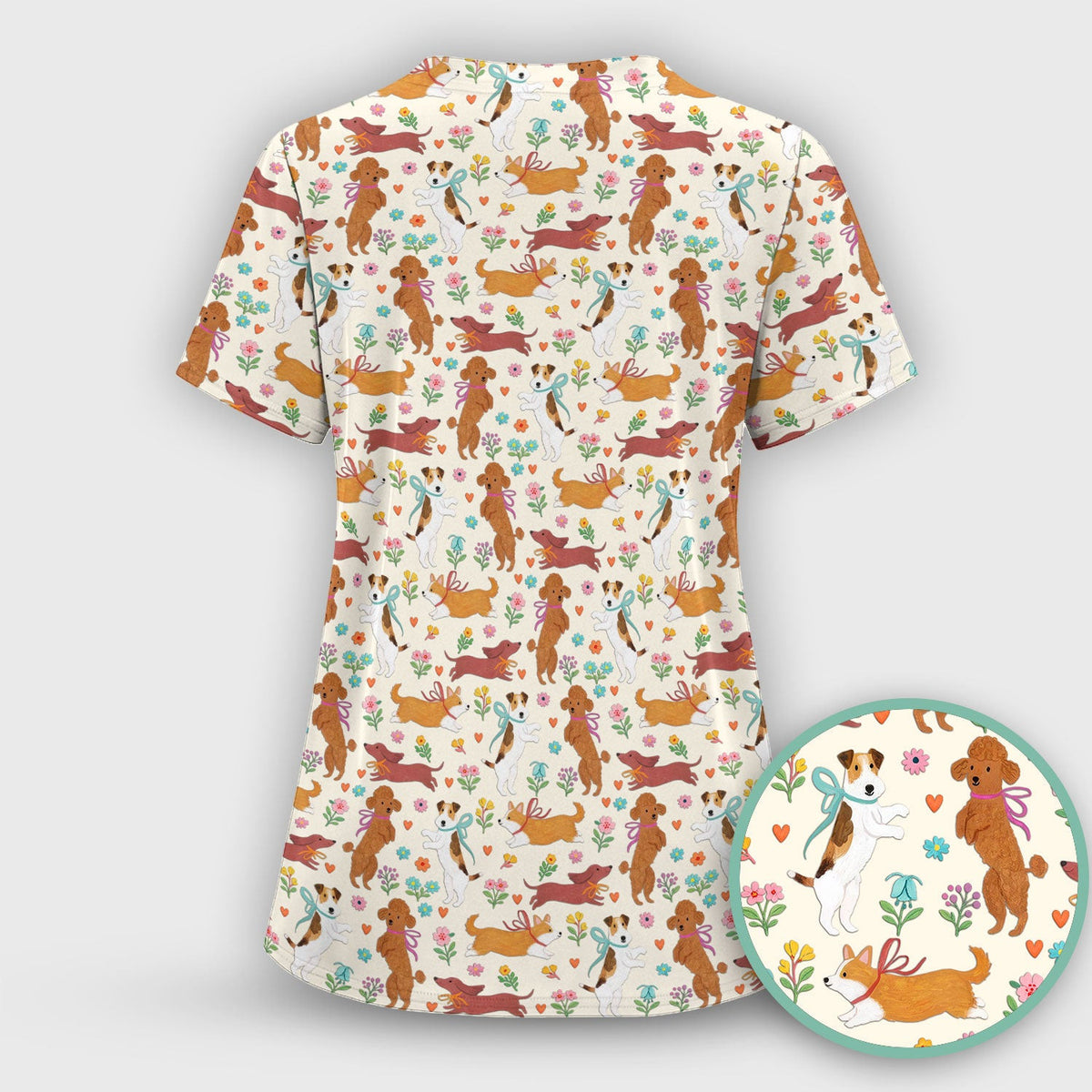 Cute Cartoon Dog Print Nurse Scrub Top, Comfortable Scrubs for Nurses