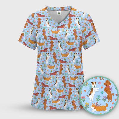 Cute Cartoon Dog Print Nurse Scrub Top, Comfortable Scrubs for Nurses