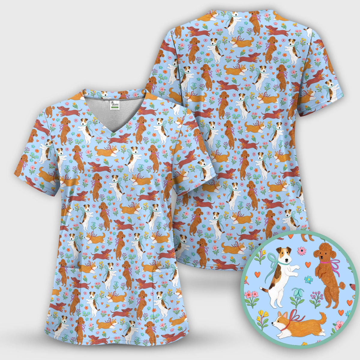 Cute Cartoon Dog Print Nurse Scrub Top, Comfortable Scrubs for Nurses