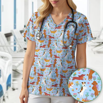 Cute Cartoon Dog Print Nurse Scrub Top, Comfortable Scrubs for Nurses