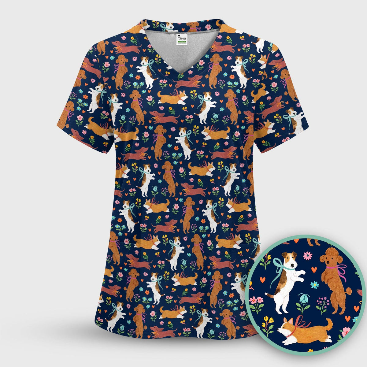 Cute Cartoon Dog Print Nurse Scrub Top, Comfortable Scrubs for Nurses